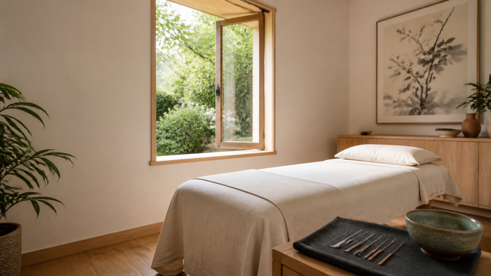 Illustrative calm acupuncture treatment setting